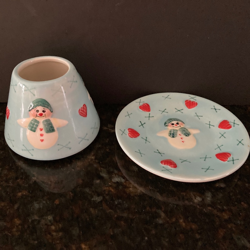 Valerie Parr Hill 2 Snowman & Red Hearts Plates & Shade Toppers/Holiday/NEW! - Picture 4 of 4